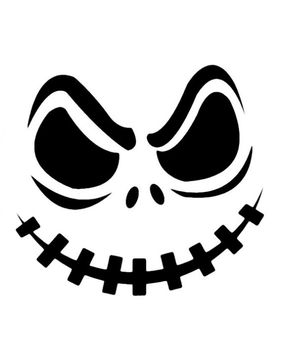 Stylized black and white face design with arched eyes, a stitched smile, and a mischievous expression, conveying a playful, spooky tone.